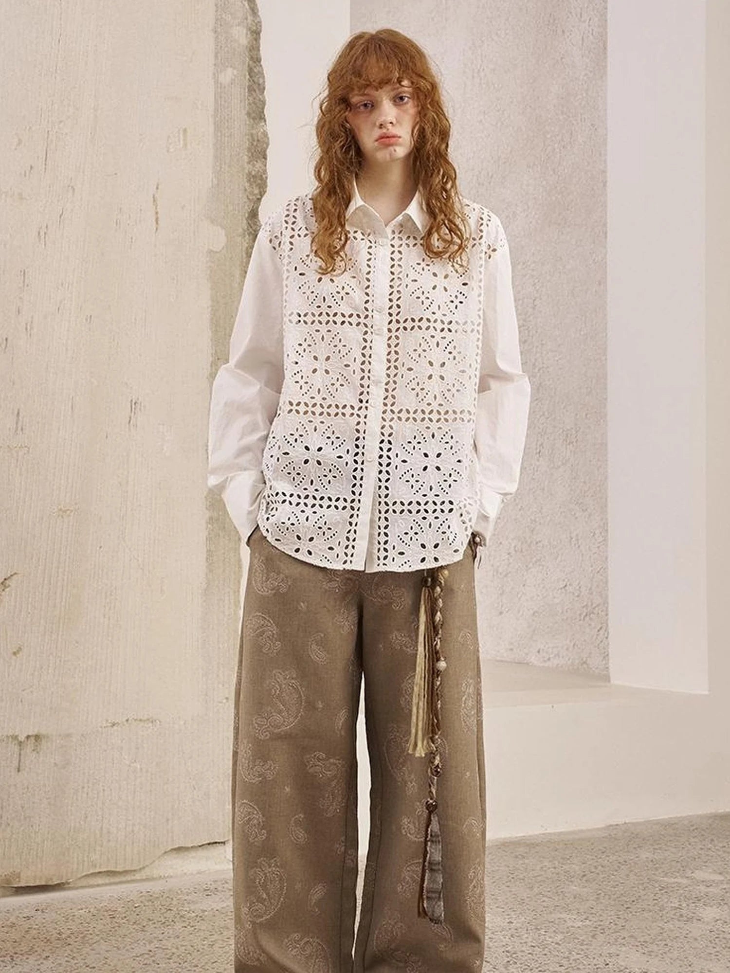 Floral Lace Trim White Blouse