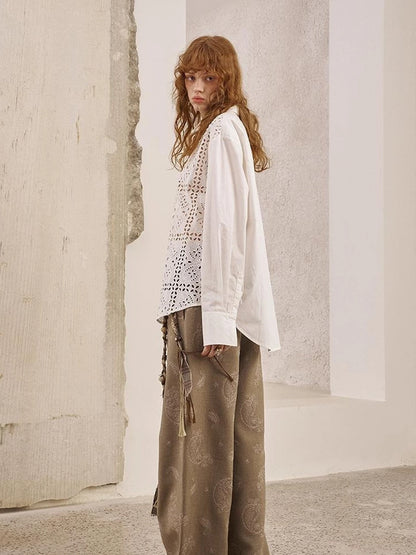 Floral Lace Trim White Blouse