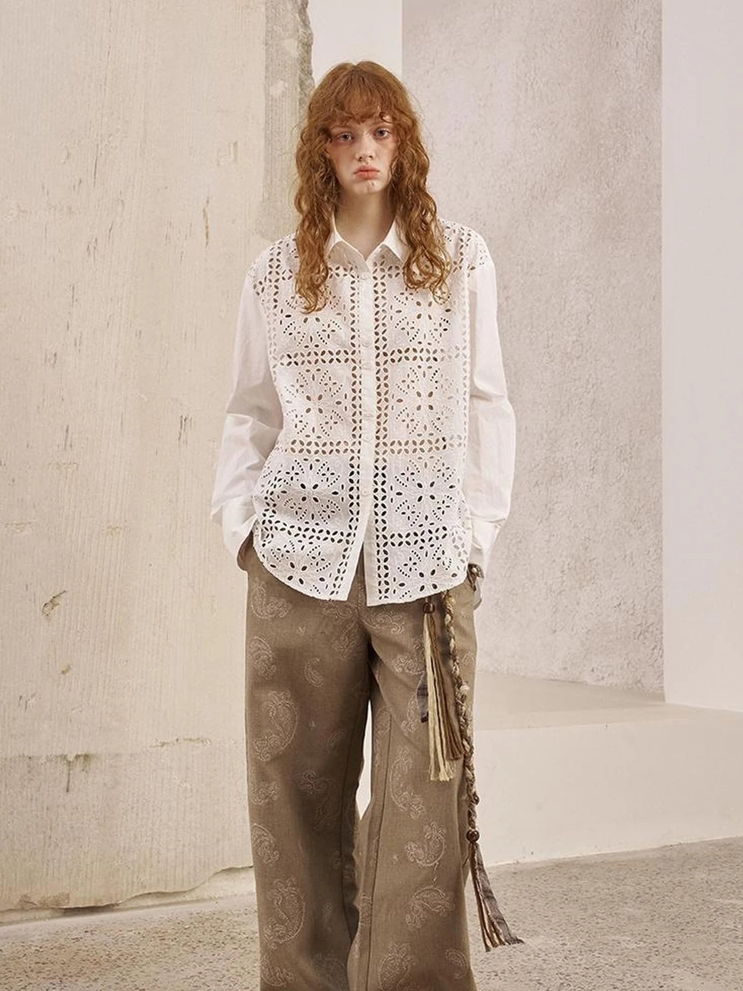 Floral Lace Trim White Blouse