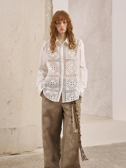 Floral Lace Trim White Blouse