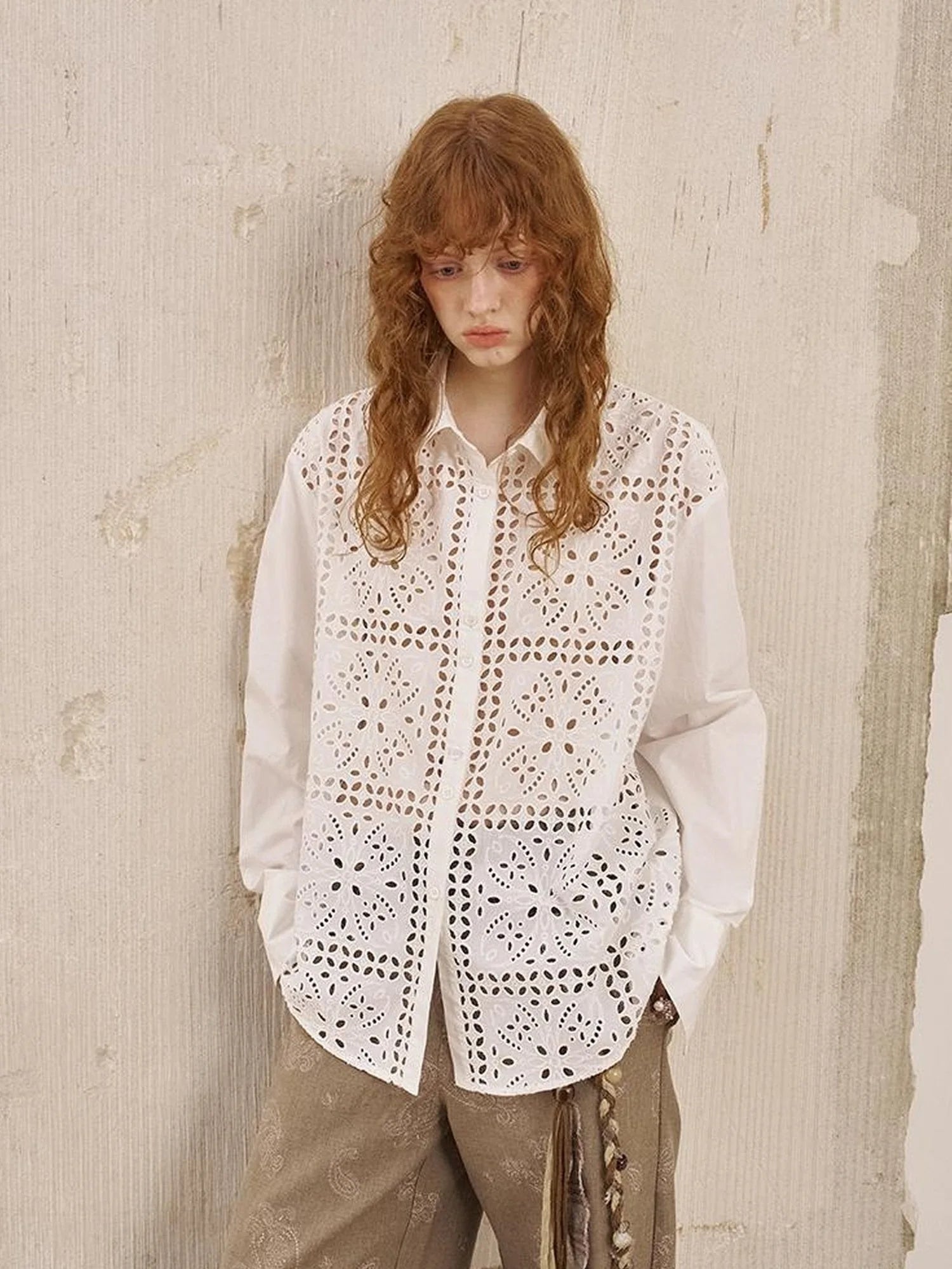 Floral Lace Trim White Blouse