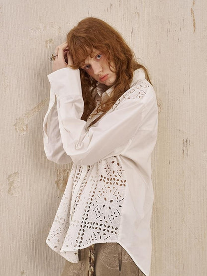 DIDDI MODA Floral Lace Trim White Blouse