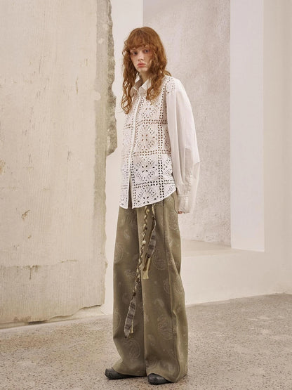 Floral Lace Trim White Blouse