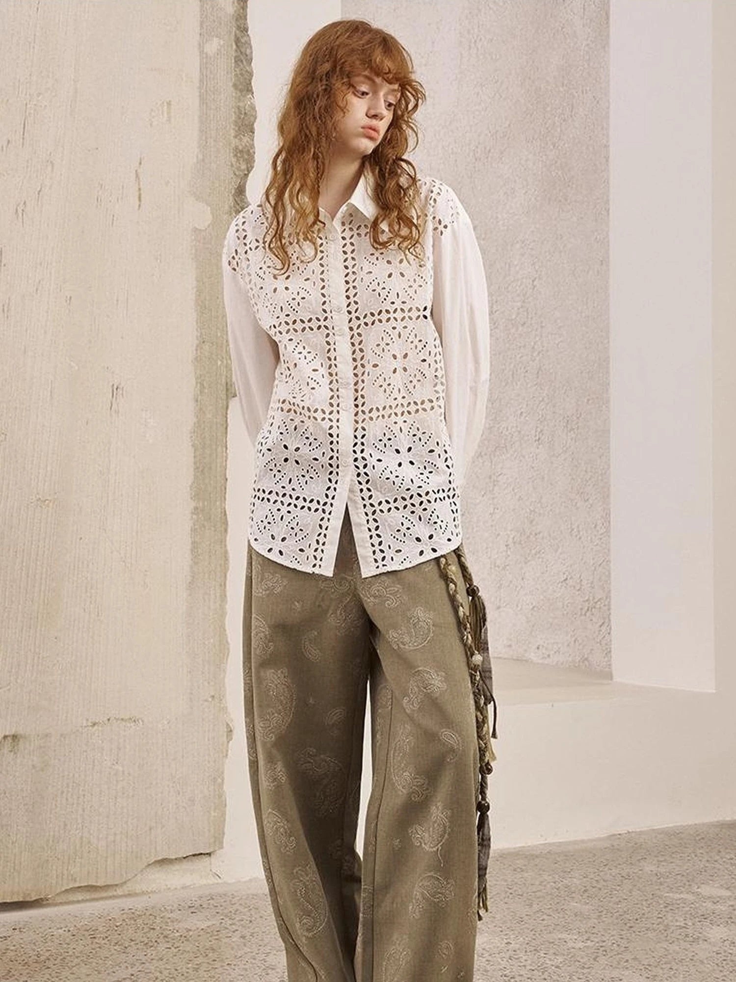 Floral Lace Trim White Blouse