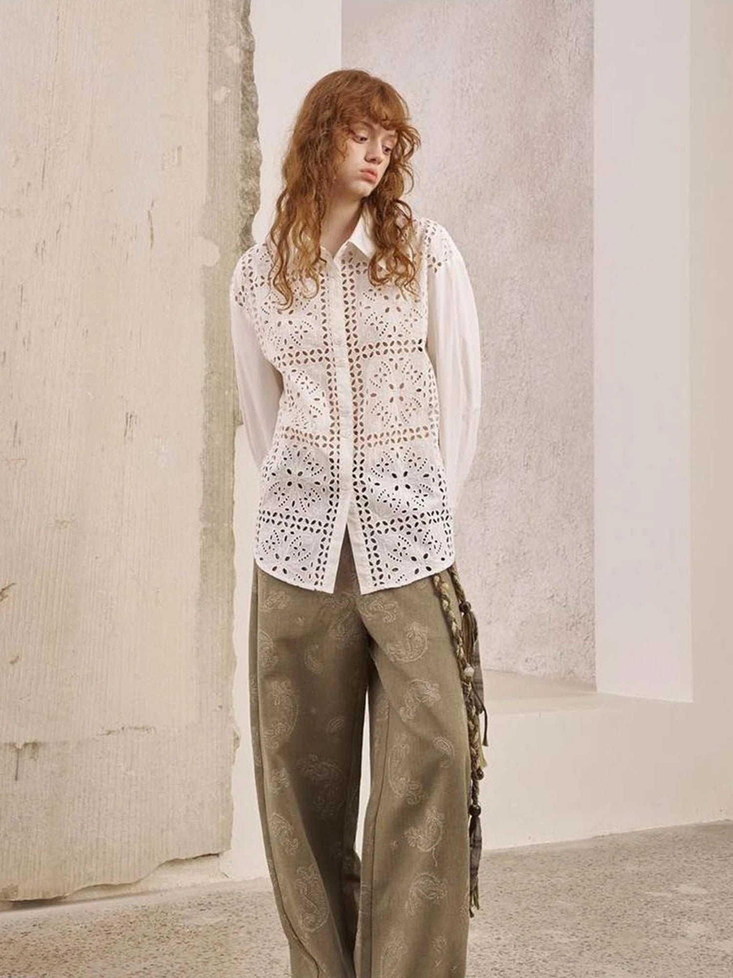 Floral Lace Trim White Blouse