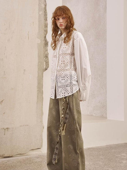 DIDDI MODA Floral Lace Trim White Blouse