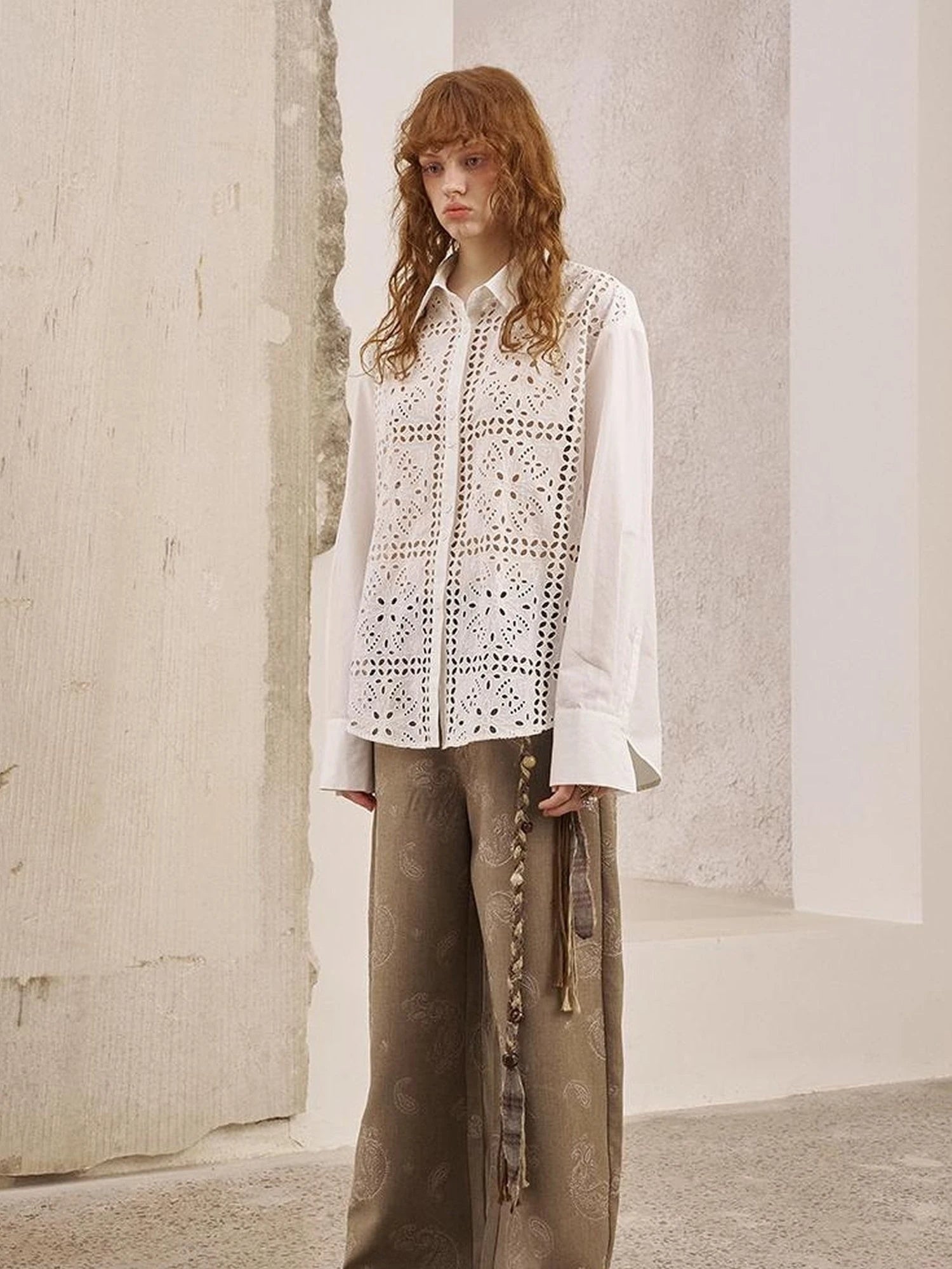 Floral Lace Trim White Blouse