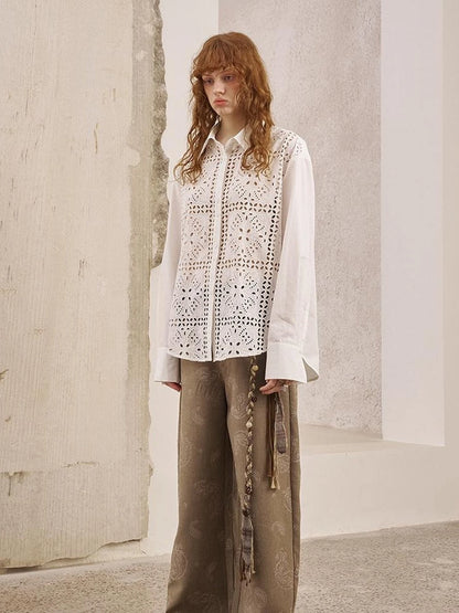 Floral Lace Trim White Blouse