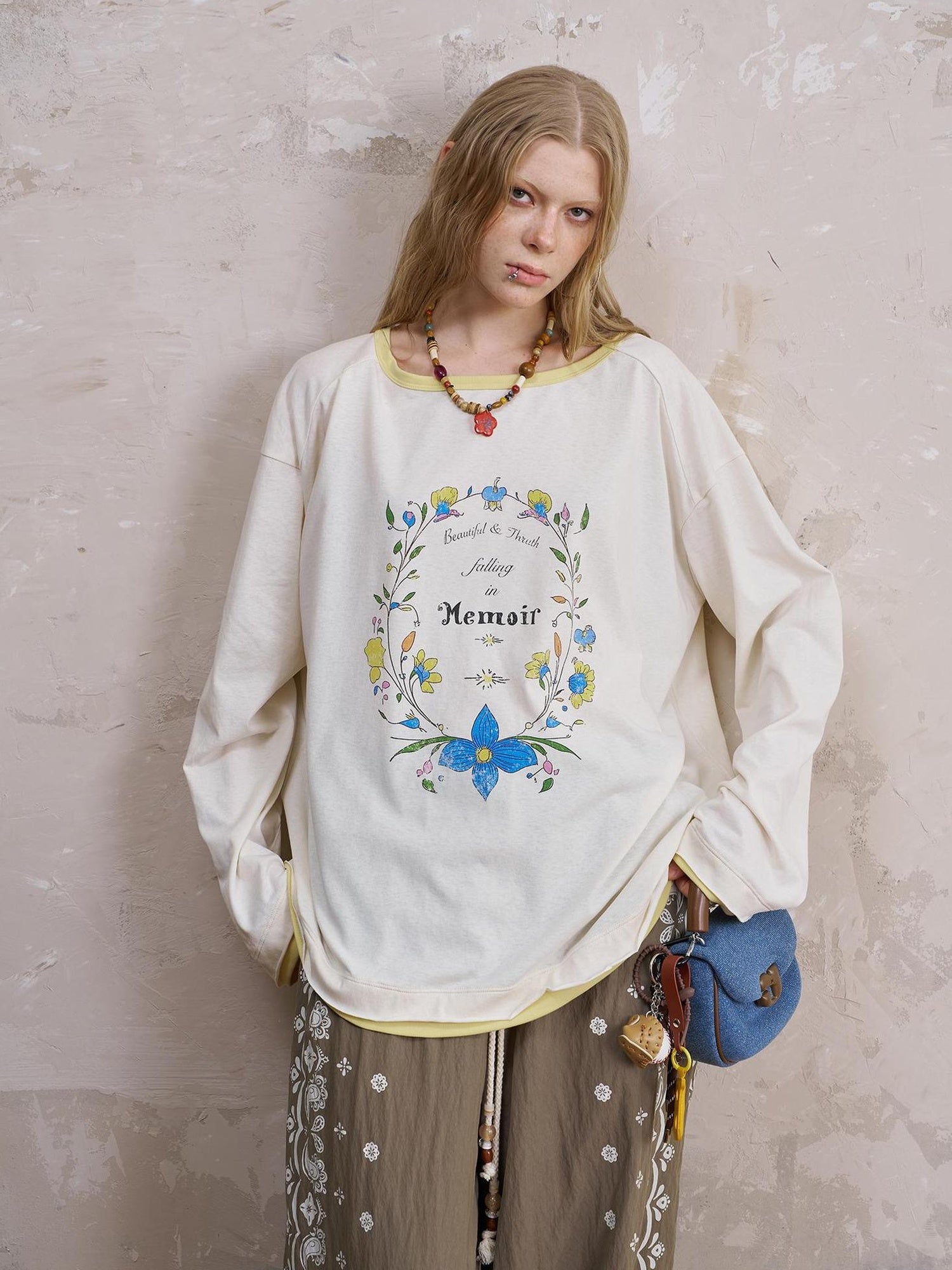 DIDDI MODA Floral Laze Collar Tie Loose Tee