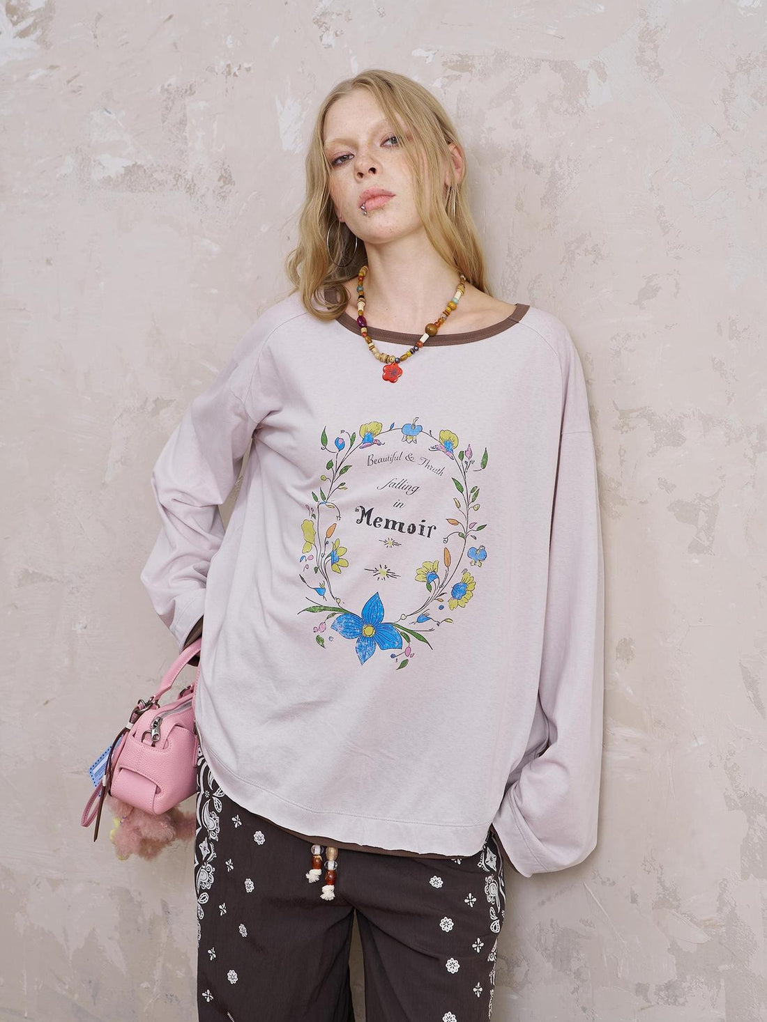DIDDI MODA Floral Laze Collar Tie Loose Tee