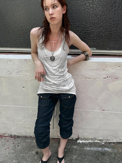 DoublePunch Floral Metal Studded Fitted Long Vest For Women