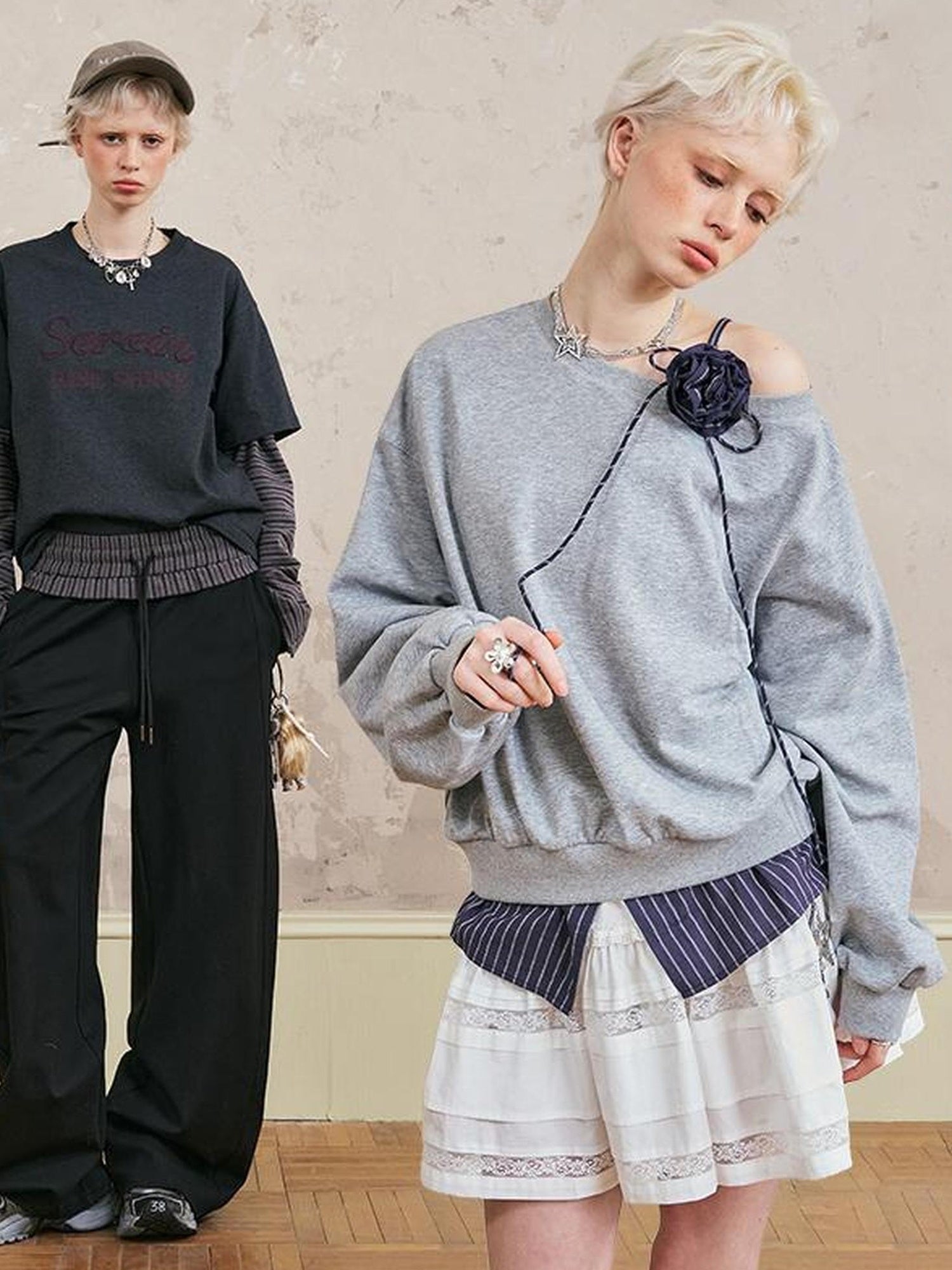 DIDDI MODA Floral Off Shoulder Sweatshirt Letter Tee Joggers Set