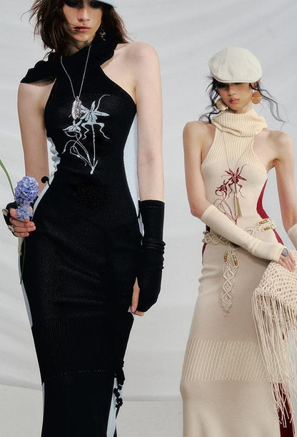 OfAkiva Floral Orchid Colorblock Slim Knit Lace Dresses