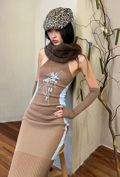 OfAkiva Floral Orchid Colorblock Slim Knit Lace Dresses