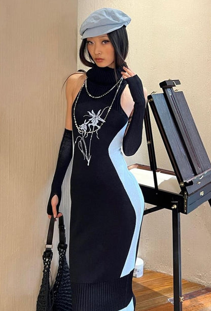 OfAkiva Floral Orchid Colorblock Slim Knit Lace Dresses