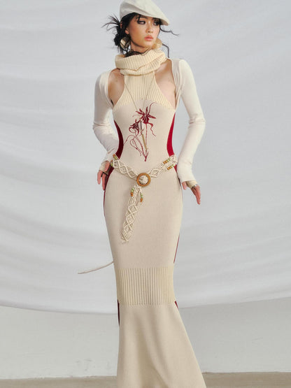 OfAkiva Floral Orchid Colorblock Slim Knit Lace Dresses