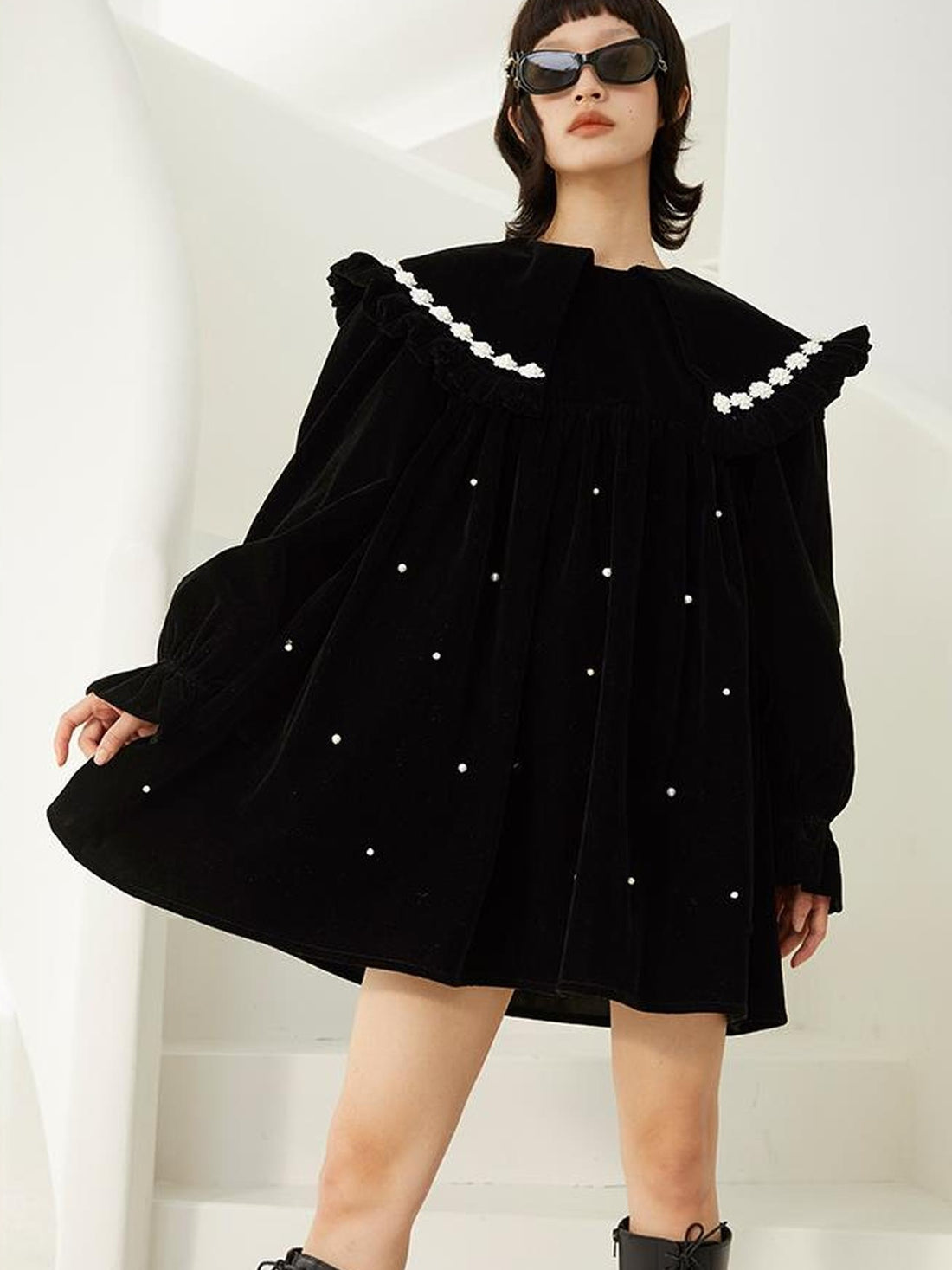 DIDDI MODA Floral Pearl Trimmed A Line Babydoll Dress