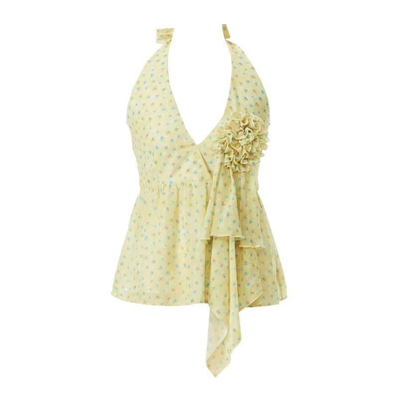 YOSHUYUKI V-Neck Polka Dot Chiffon Halter Top With Floral Lace