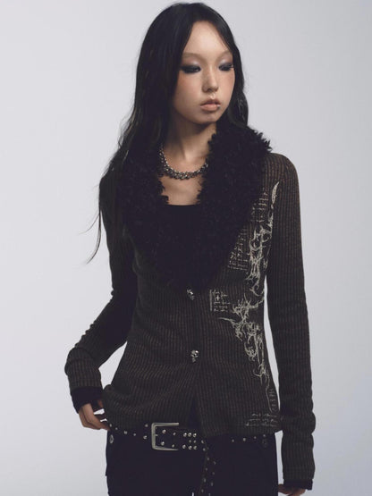 NONAME SPACE Floral Print Fur Collar Ribbed Knit Cardigan Military Green