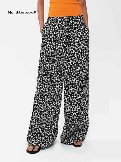 Floral Print Hemp Lyocell Relaxed Trousers with Multiple Buttons