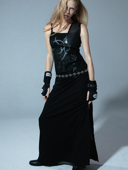 Floral Print Slit Maxi Dress with Belt Sleeveless V Neck Dresses