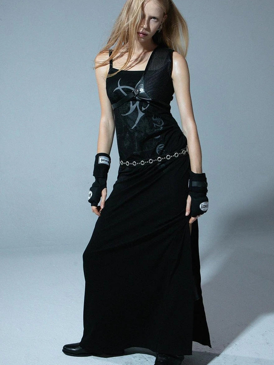 Floral Print Slit Maxi Dress With Belt Sleeveless V Neck Dresses