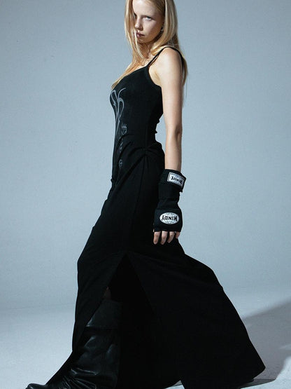 Floral Print Slit Maxi Dress with Belt Sleeveless V Neck Dresses