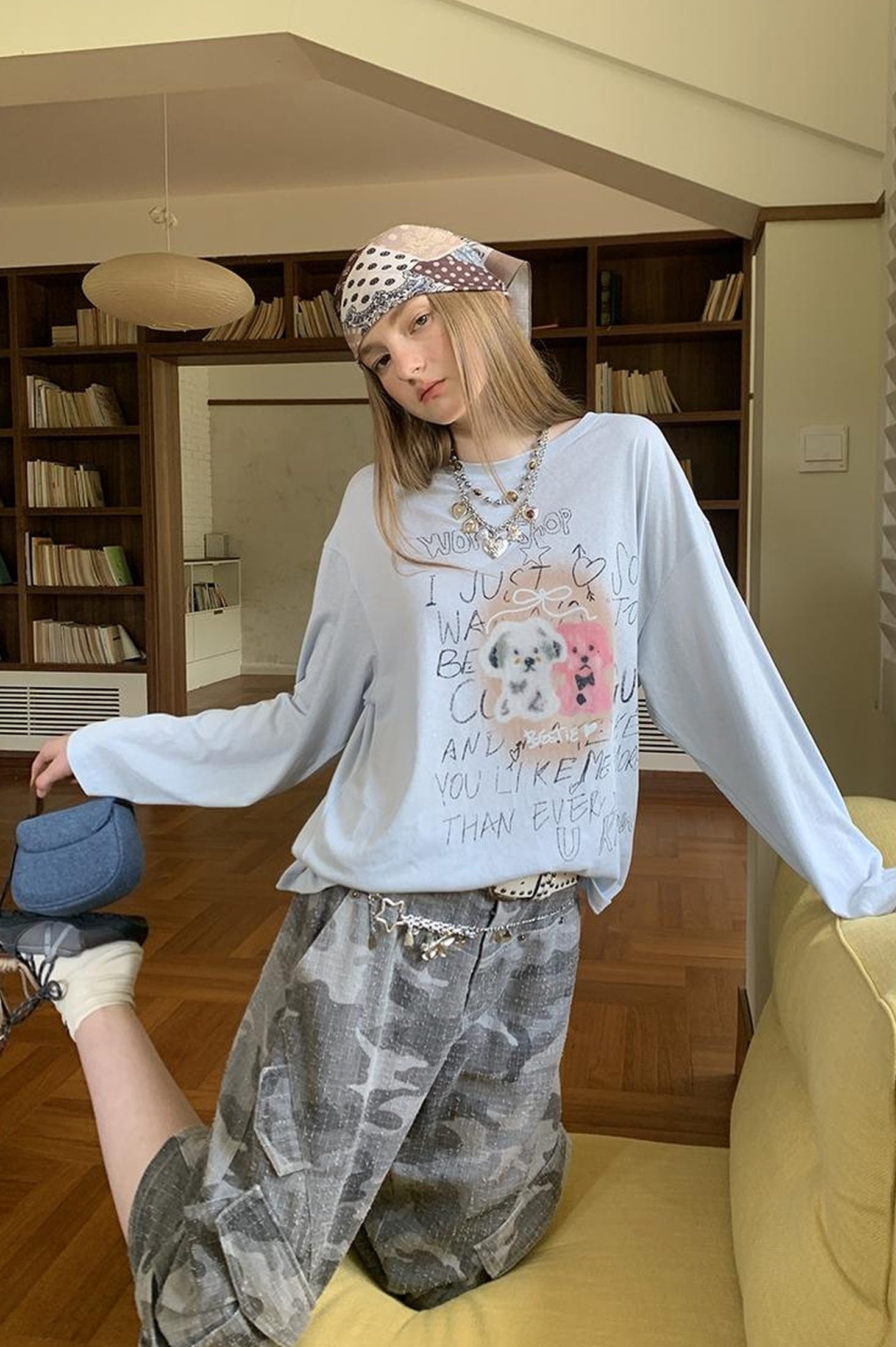 DIDDI MODA Floral Pup Print Tee Overshirt Denim Set