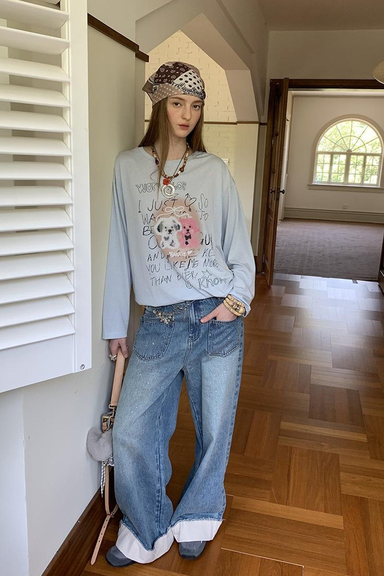 DIDDI MODA Floral Pup Print Tee Overshirt Denim Set