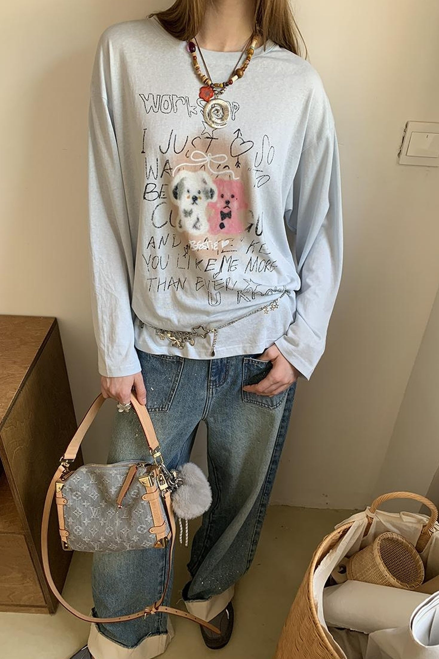 DIDDI MODA Floral Pup Print Tee Overshirt Denim Set