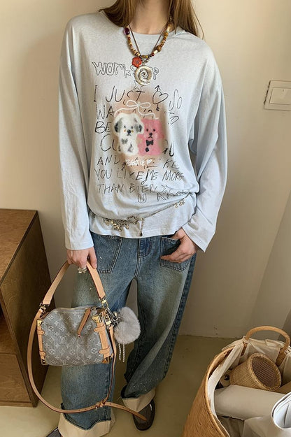 DIDDI MODA Floral Pup Print Tee Overshirt Denim Set