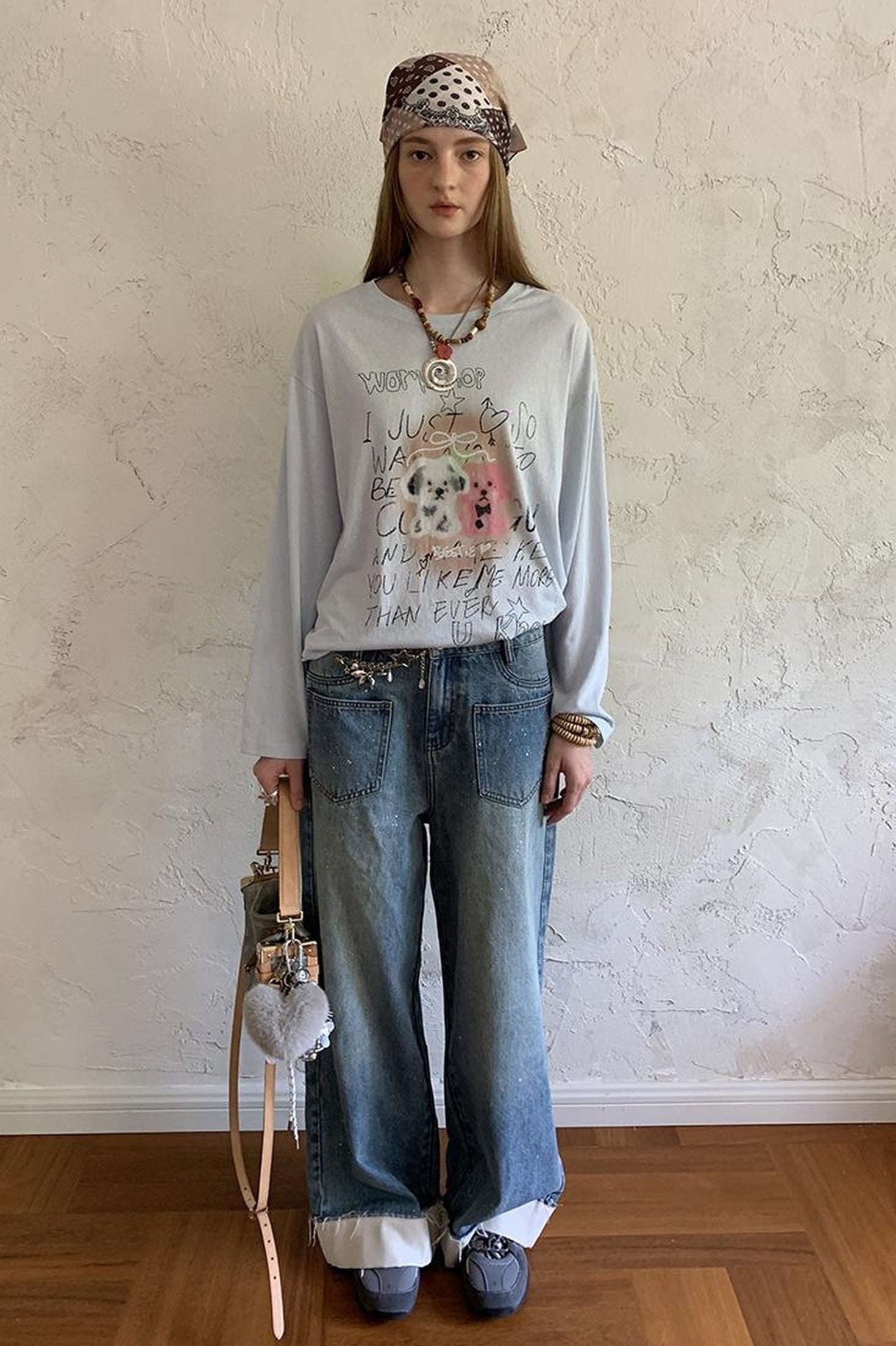 DIDDI MODA Floral Pup Print Tee Overshirt Denim Set