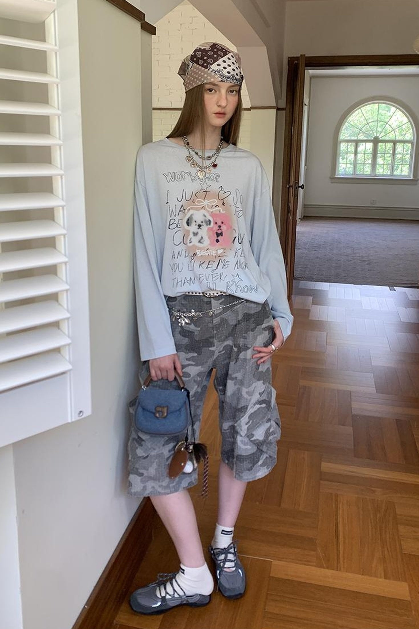 DIDDI MODA Floral Pup Print Tee Overshirt Denim Set
