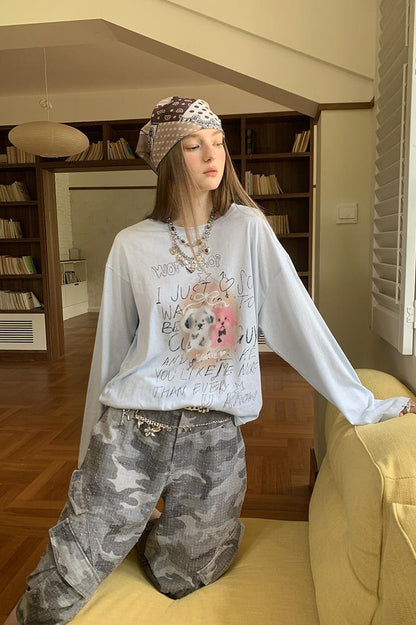 DIDDI MODA Floral Pup Print Tee Overshirt Denim Set