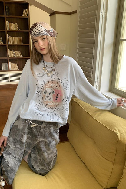 DIDDI MODA Floral Pup Print Tee Overshirt Denim Set