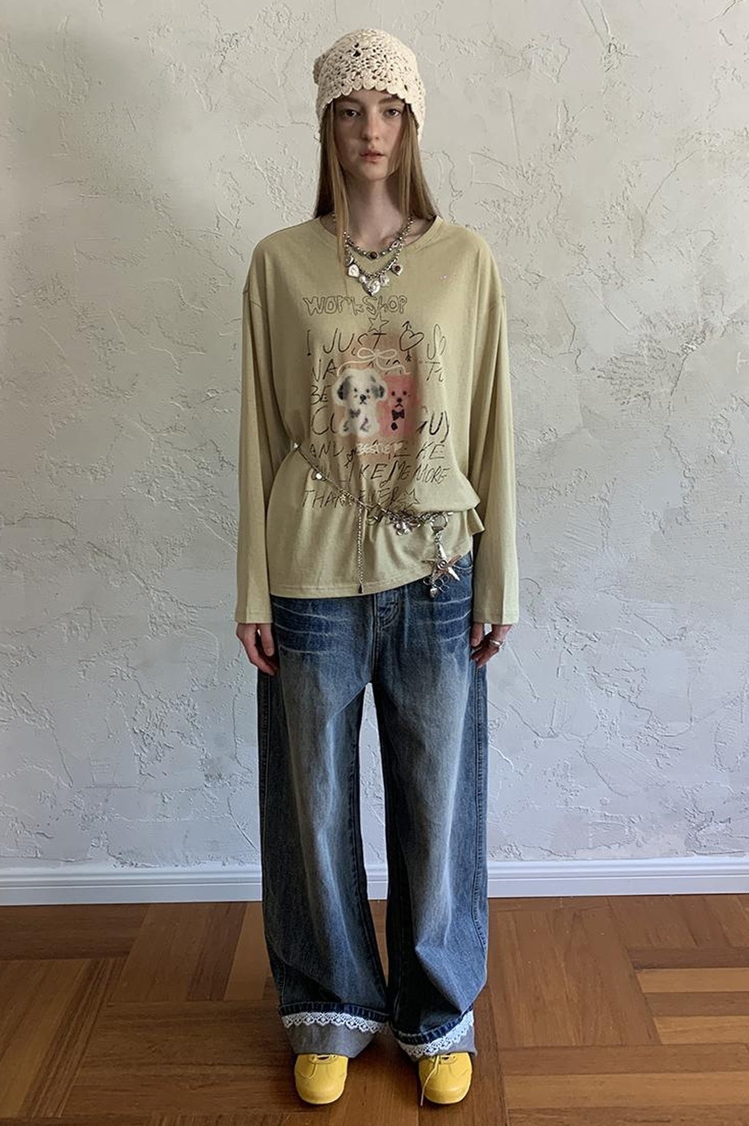 DIDDI MODA Floral Pup Print Tee Overshirt Denim Set