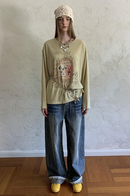 DIDDI MODA Floral Pup Print Tee Overshirt Denim Set