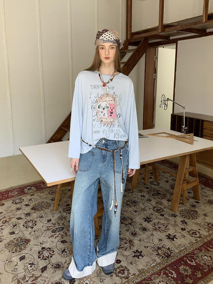 DIDDI MODA Floral Pup Print Tee Overshirt Denim Set