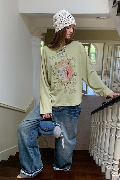 DIDDI MODA Floral Pup Print Tee Overshirt Denim Set