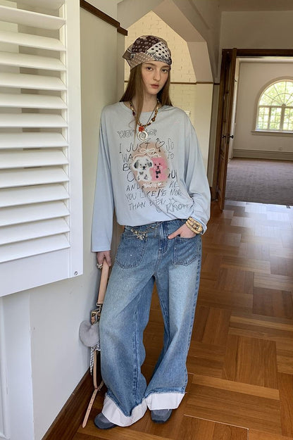DIDDI MODA Floral Pup Print Tee Overshirt Denim Set