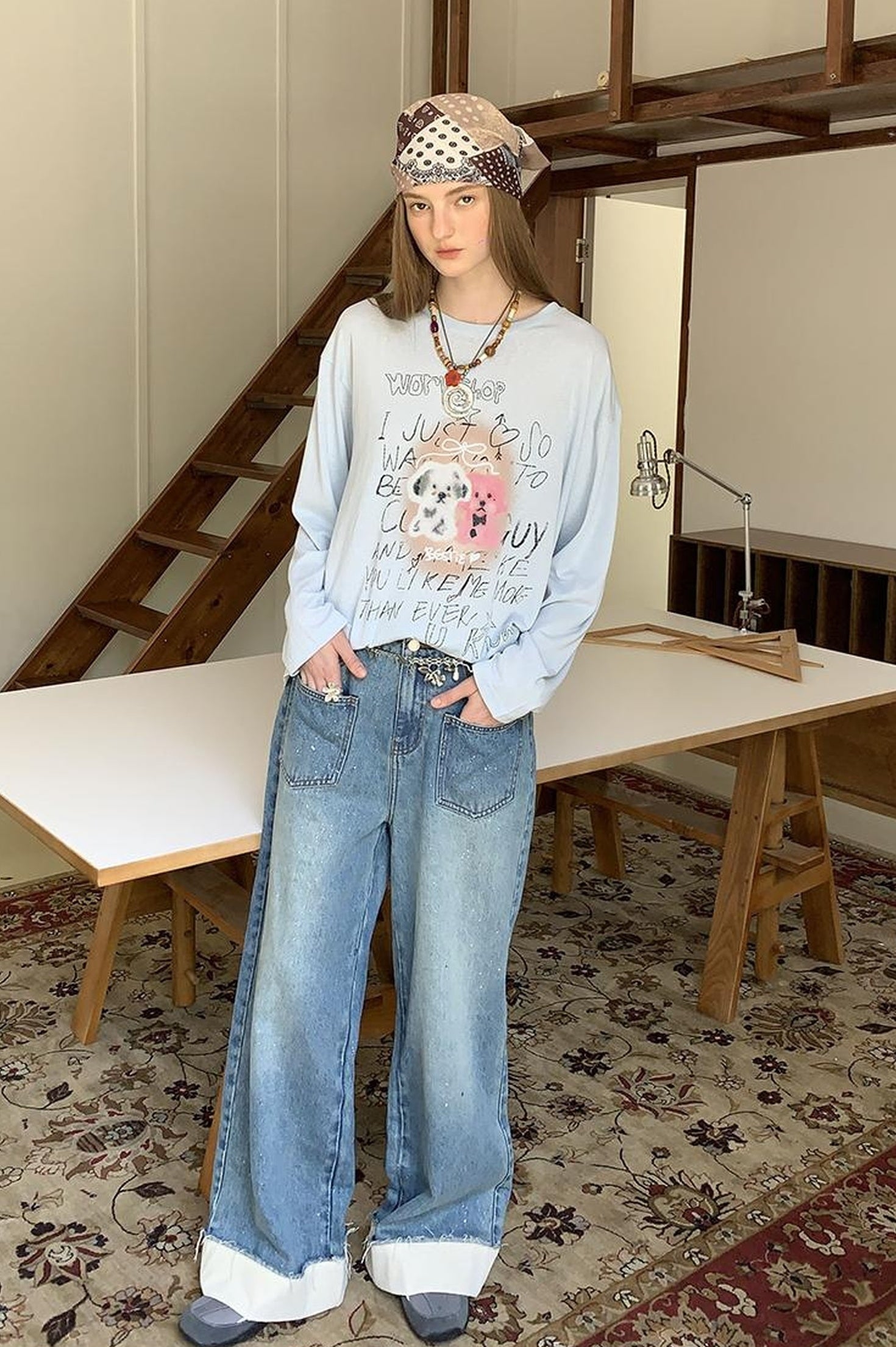 DIDDI MODA Floral Pup Print Tee Overshirt Denim Set