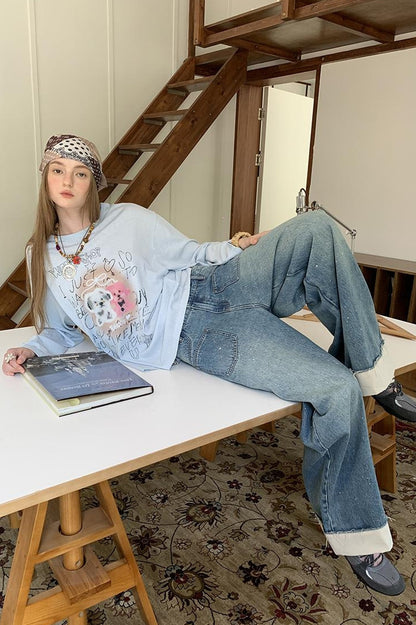DIDDI MODA Floral Pup Print Tee Overshirt Denim Set