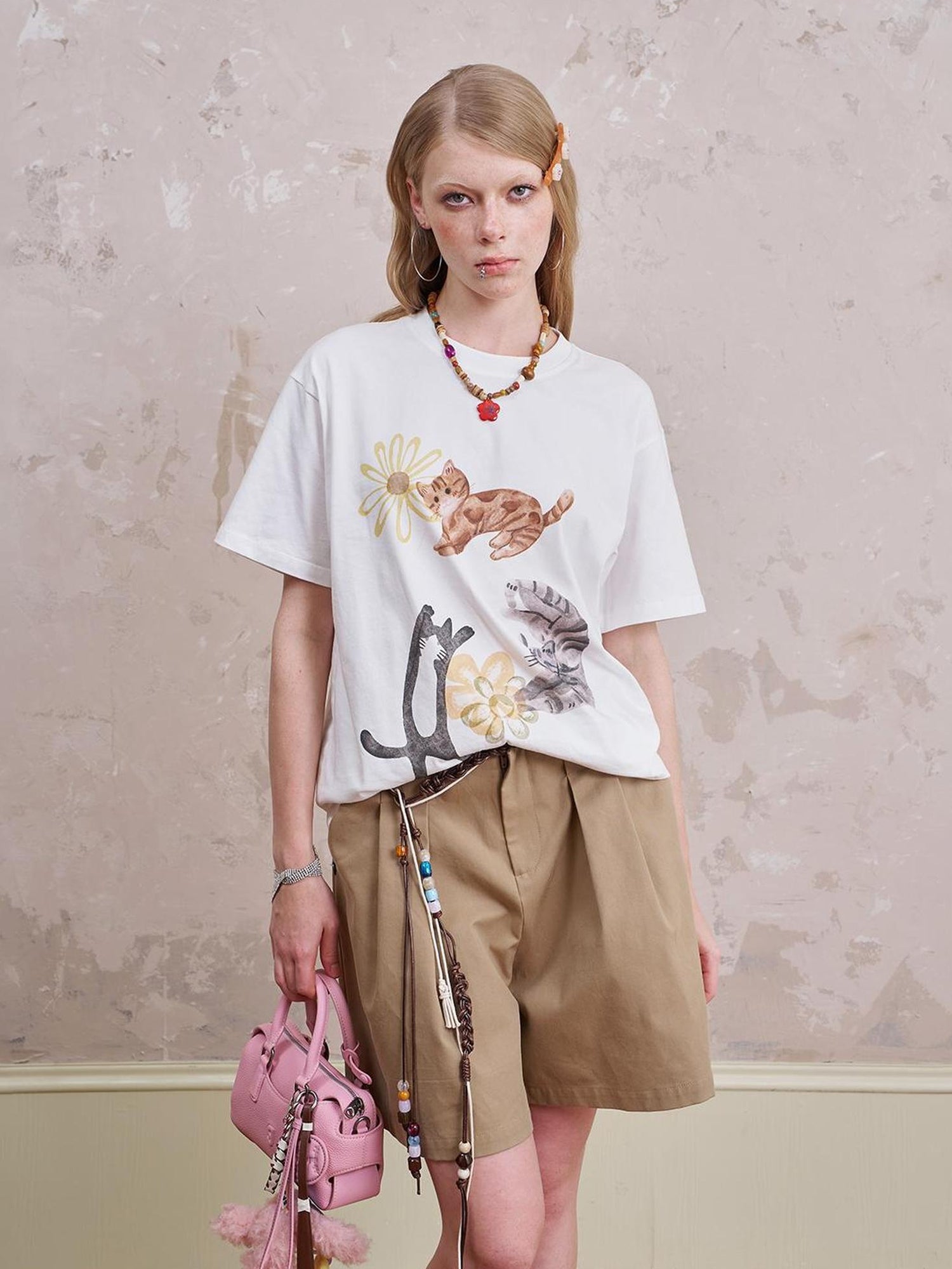 DIDDI MODA Floral Pup Print Tee Overshirt Denim Set