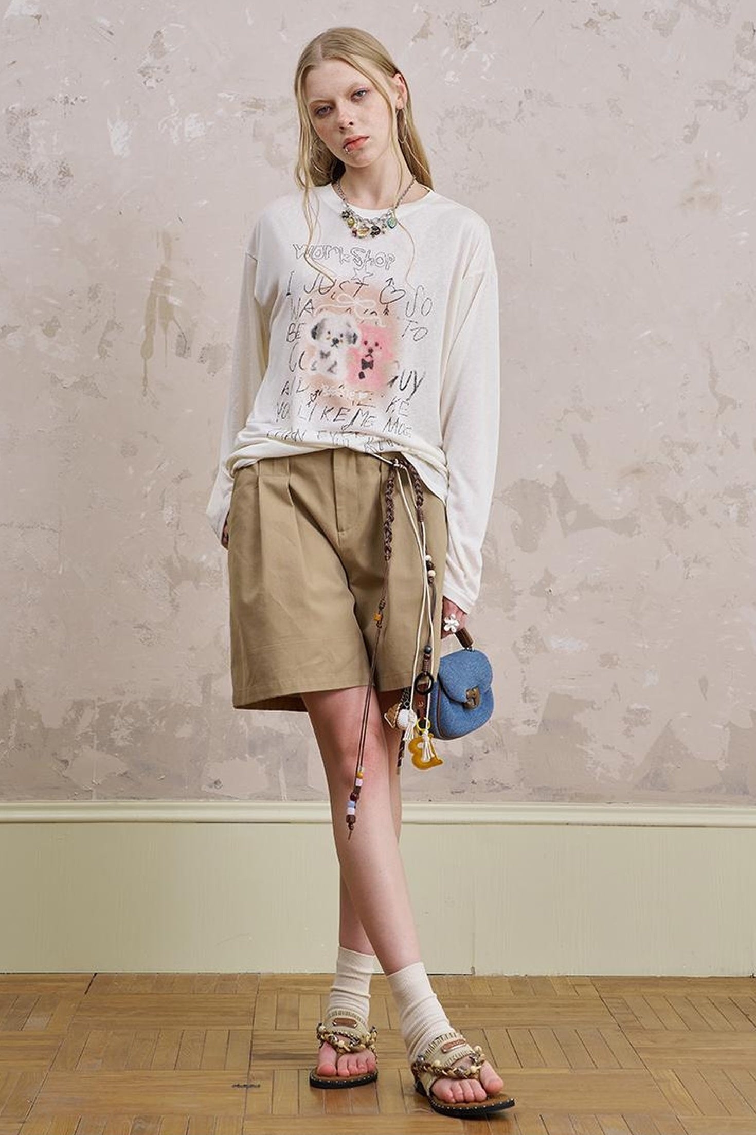 DIDDI MODA Floral Pup Print Tee Overshirt Denim Set