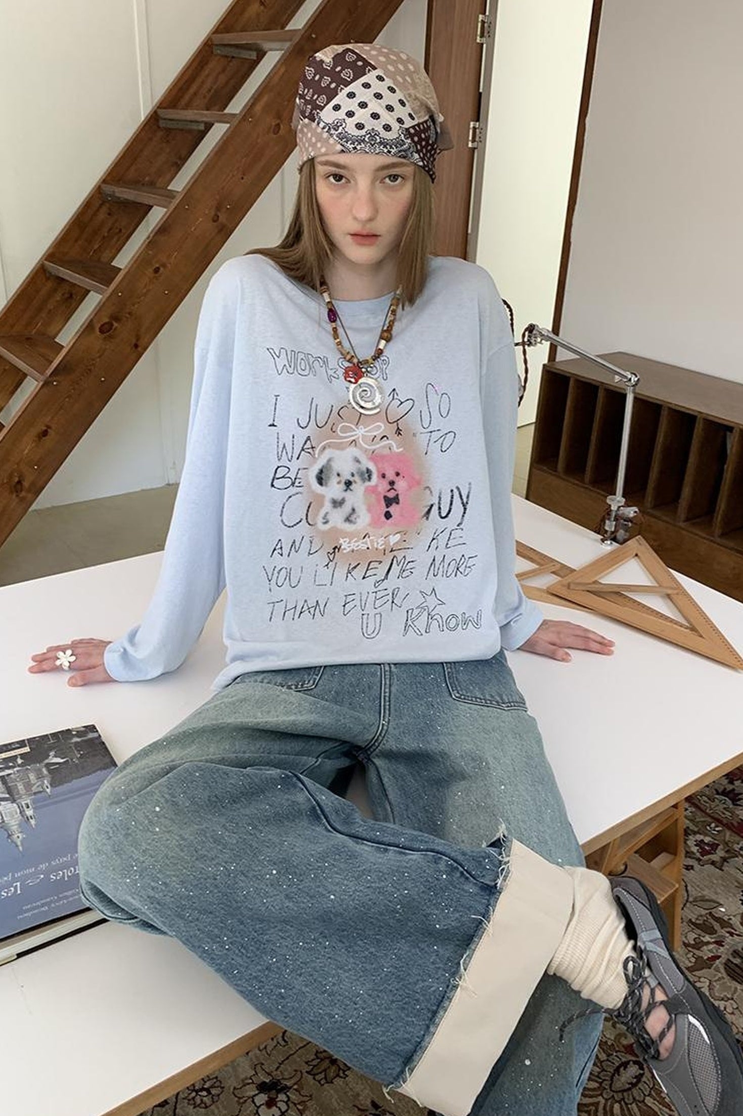 DIDDI MODA Floral Pup Print Tee Overshirt Denim Set