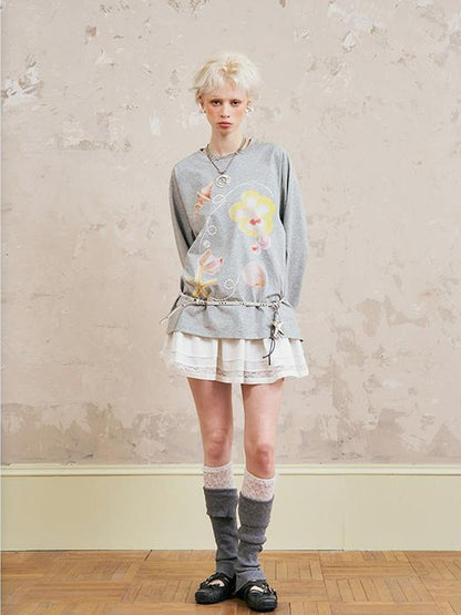 DIDDI MODA Floral Shell Pearl Print Long Sleeve Tee