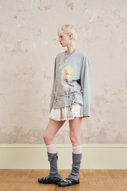 DIDDI MODA Floral Shell Print Loose Fit Long Sleeve Tee