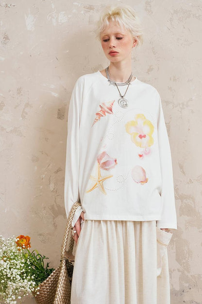 DIDDI MODA Floral Shell Print Loose Fit Long Sleeve Tee