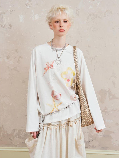 DIDDI MODA Floral Shell Print Loose Fit Long Sleeve Tee