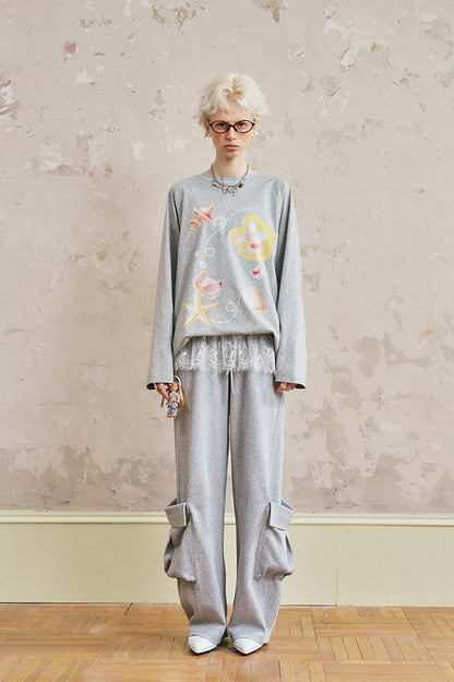 DIDDI MODA Floral Shell Print Loose Fit Long Sleeve Tee
